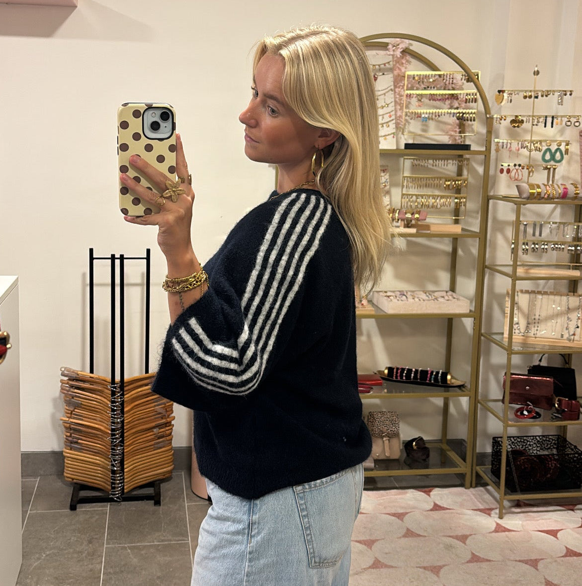Oversized Sweater Navy Met Witte Strepen