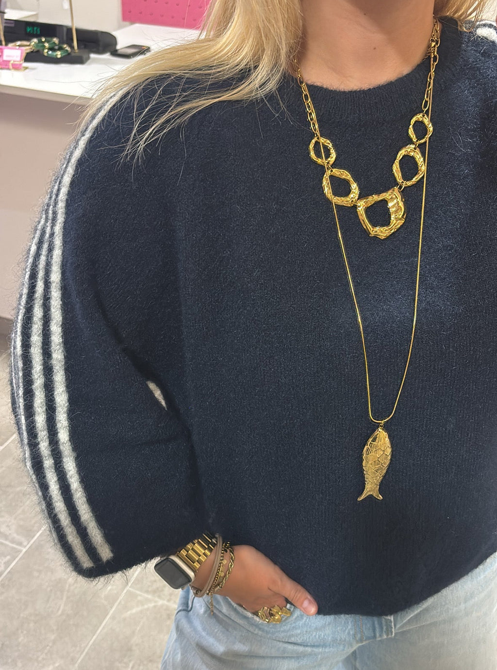 Oversized Sweater Navy Met Witte Strepen