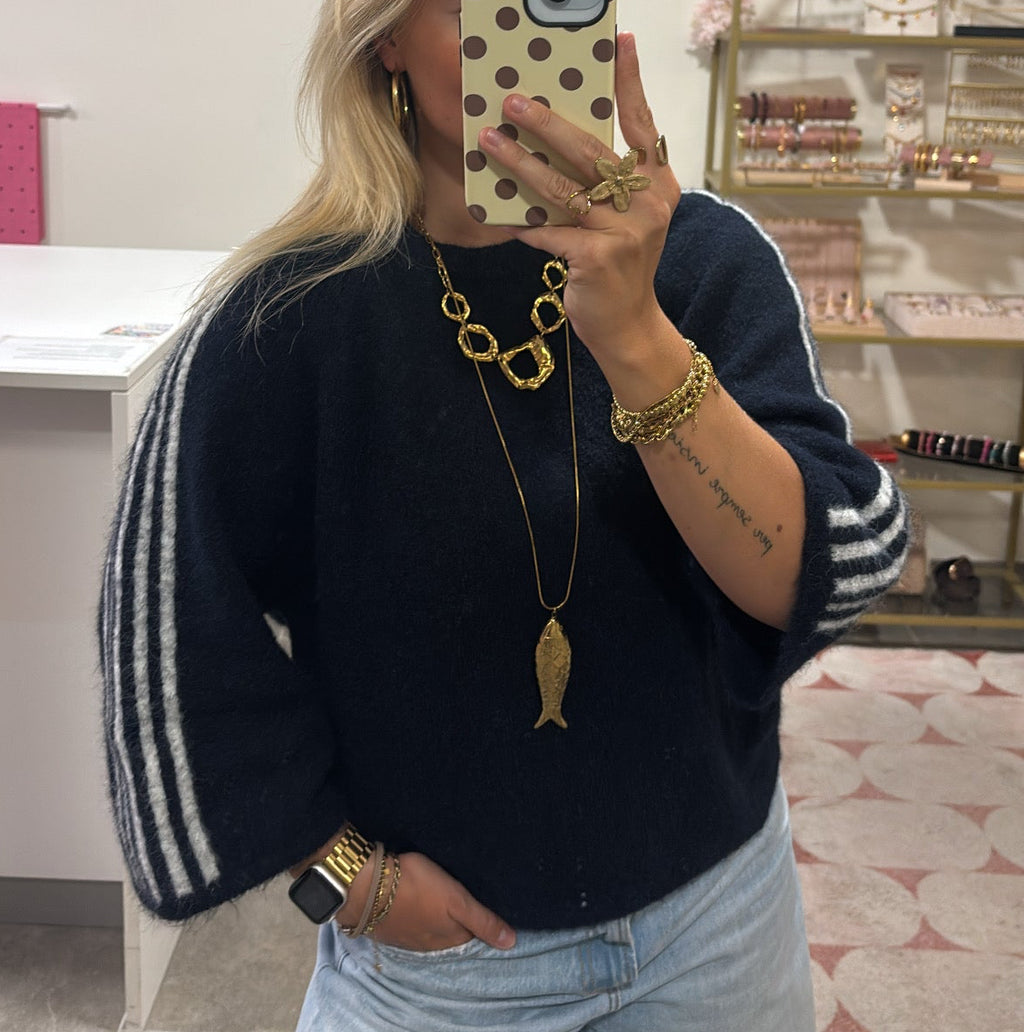 Oversized Sweater Navy Met Witte Strepen